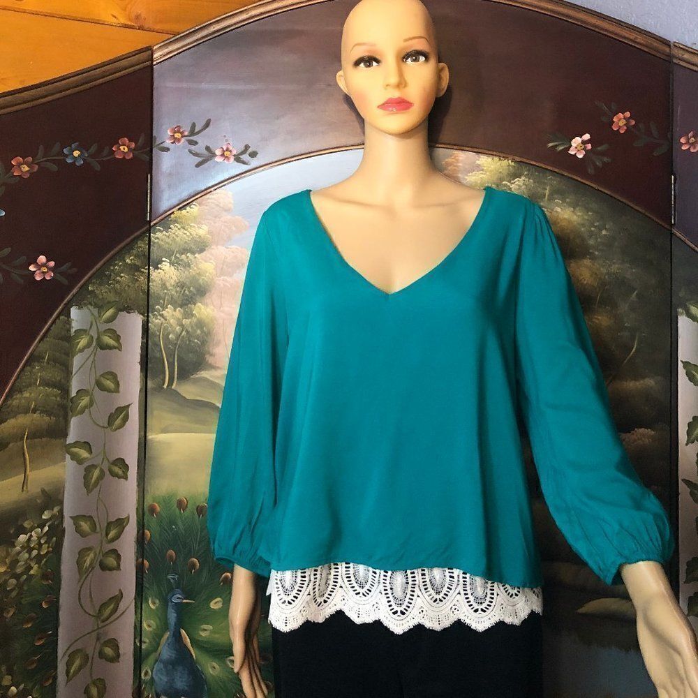 Blue Rain Green Lace Crochet 3/4 Sleeve Sz. M